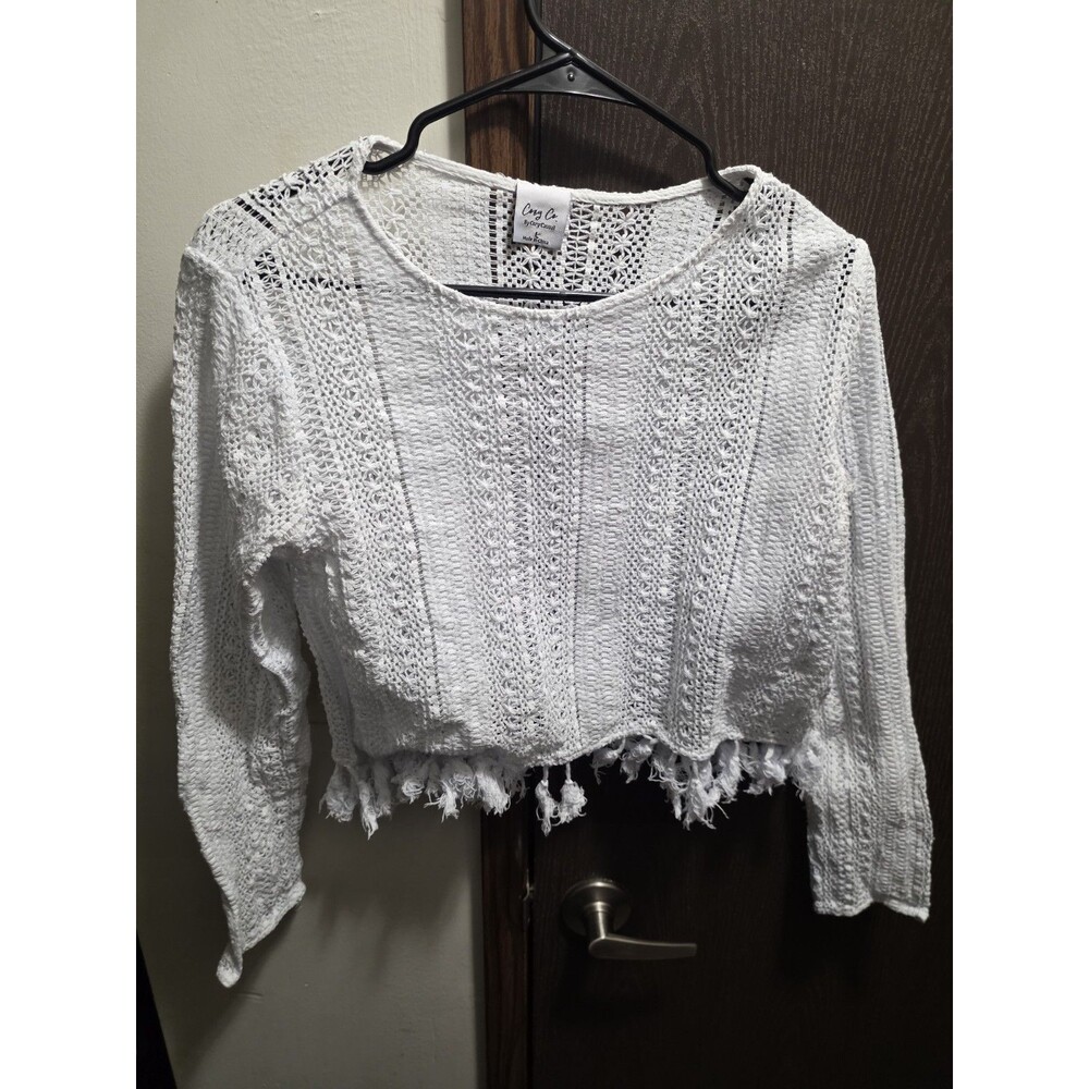 Cray Co White Crochet Knit Long Sleeve Crop Top Fringe Hem Boho Beachy Sweater